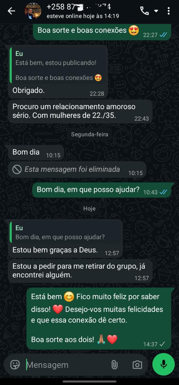 Participante contando que encontrou alguém no canal